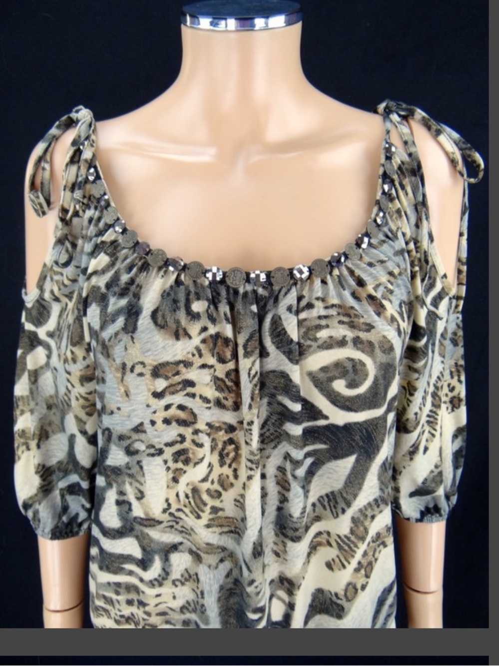 Cache Cold-Shoulder Tie-Strap Blouse in Black, Cream, Brown